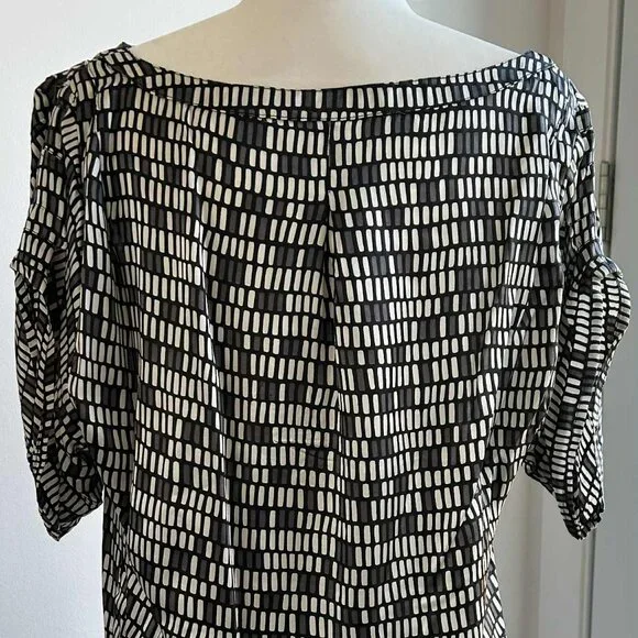 Zara Black Grey & Ivory Geometric Print Pure Silk Boat-Neck Blouse - US L - Picture 3 of 10
